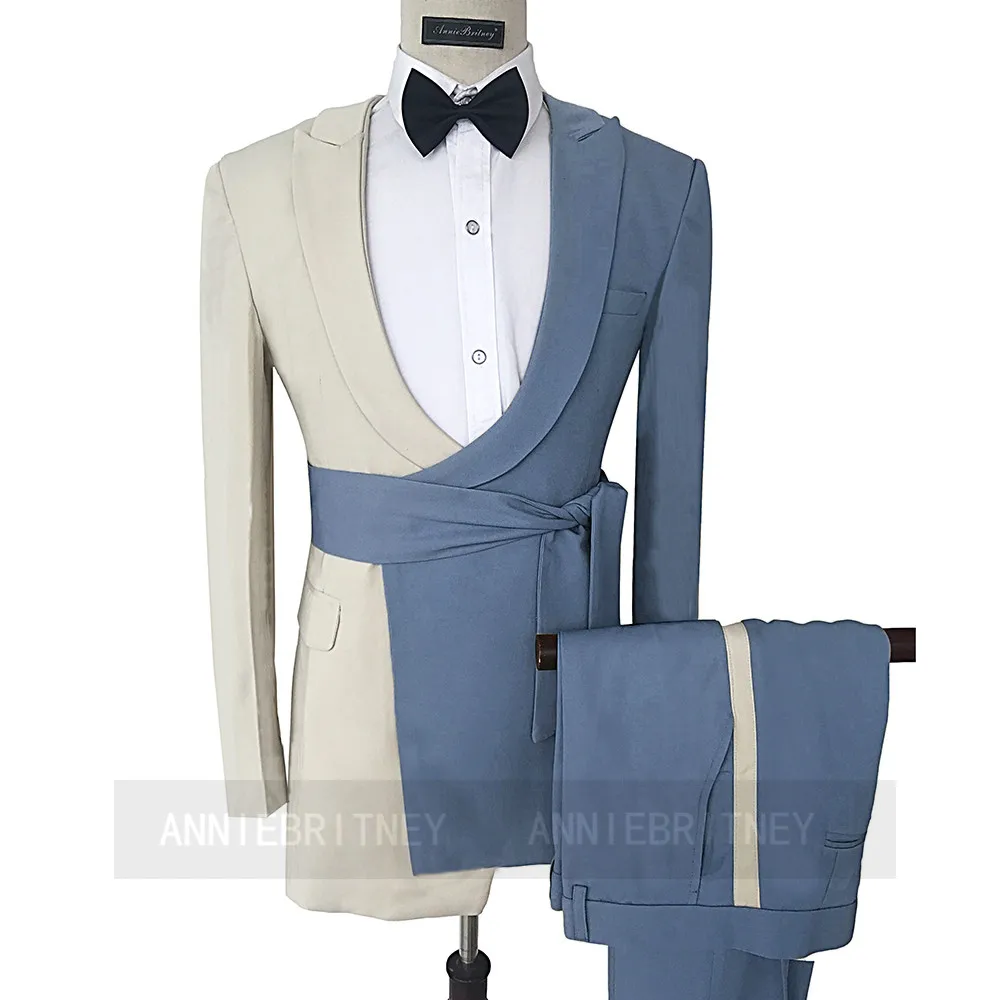 Formal Beige Camel Patchwork Belt Men Suit 2 Pieces Blazer Tailored Jacket Wedding Men Suits For Elegant Groom Tuxedo Pants