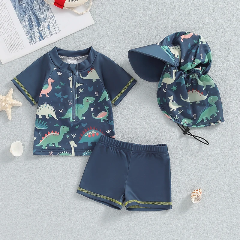 Boys Three Piece Rash Guard Swimsuits Kids Short Sleeve Dinosaur Tops Shorts Swimwear Sets with Sun Hat 3M-3T