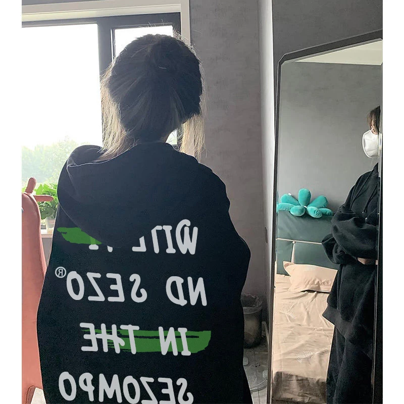

Autumn Women' Clothing Korean Fashion Baggy Solid Black Pullover Sweatshirt Personality Print Raglan Sleeves Long Sleeves Hoodie