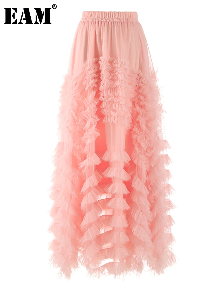 

[EAM] High Elastic Waist Blue Mesh Ruffles Long Elegant Cake Half-body Skirt Women Fashion Tide New Spring Autumn 2024 1DF7688