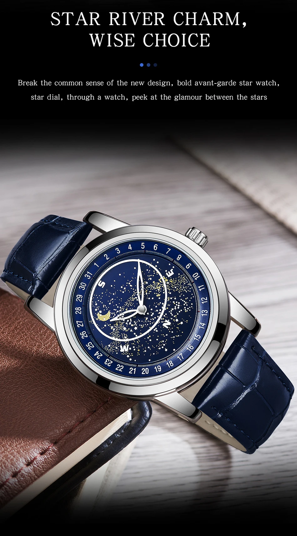 Sanda Men's Watches Quartz Men Watch Luxury Starry Sky Dial Fashion Luminous Waterproof Watches Genuine Leather Strap For Men 7002