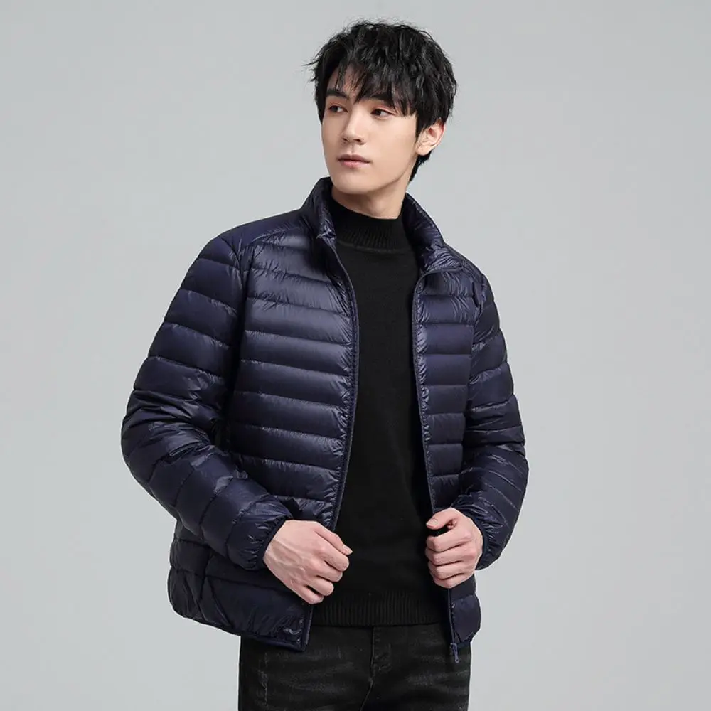 2023 Winter New Fashion Men's Standing Collar Solid Color Long Sleeved Hooded Jacket Trendy Casual Versatile Down Jacket