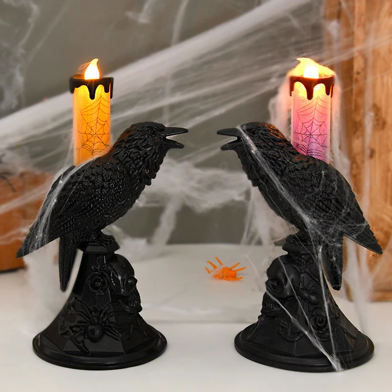 

Hallooween Black Crow Candlestick Candle Lamp Crow Statue LED Light Table Ornament Haunted House Prop Halloween Party Decoration