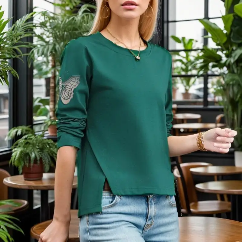 2023 100% Cotton t Shirt Women Spring Fashion Long Sleeve Shirt O-Neck ...