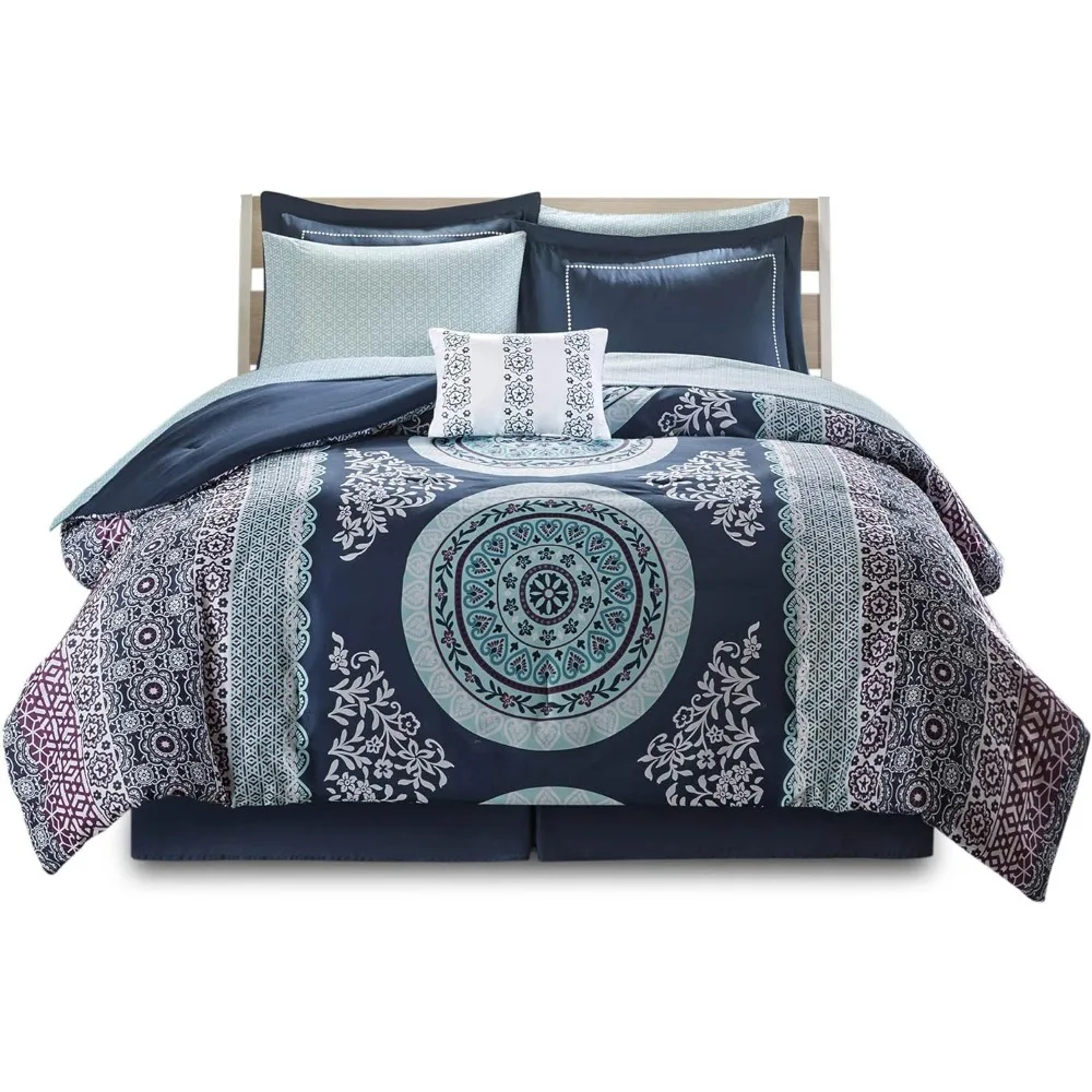 

Complete Bed In A Bag Casual Boho Comforter with Sheet Set Decorative Pillow, All Season Bedding Set, Loretta Navy 9 Piece