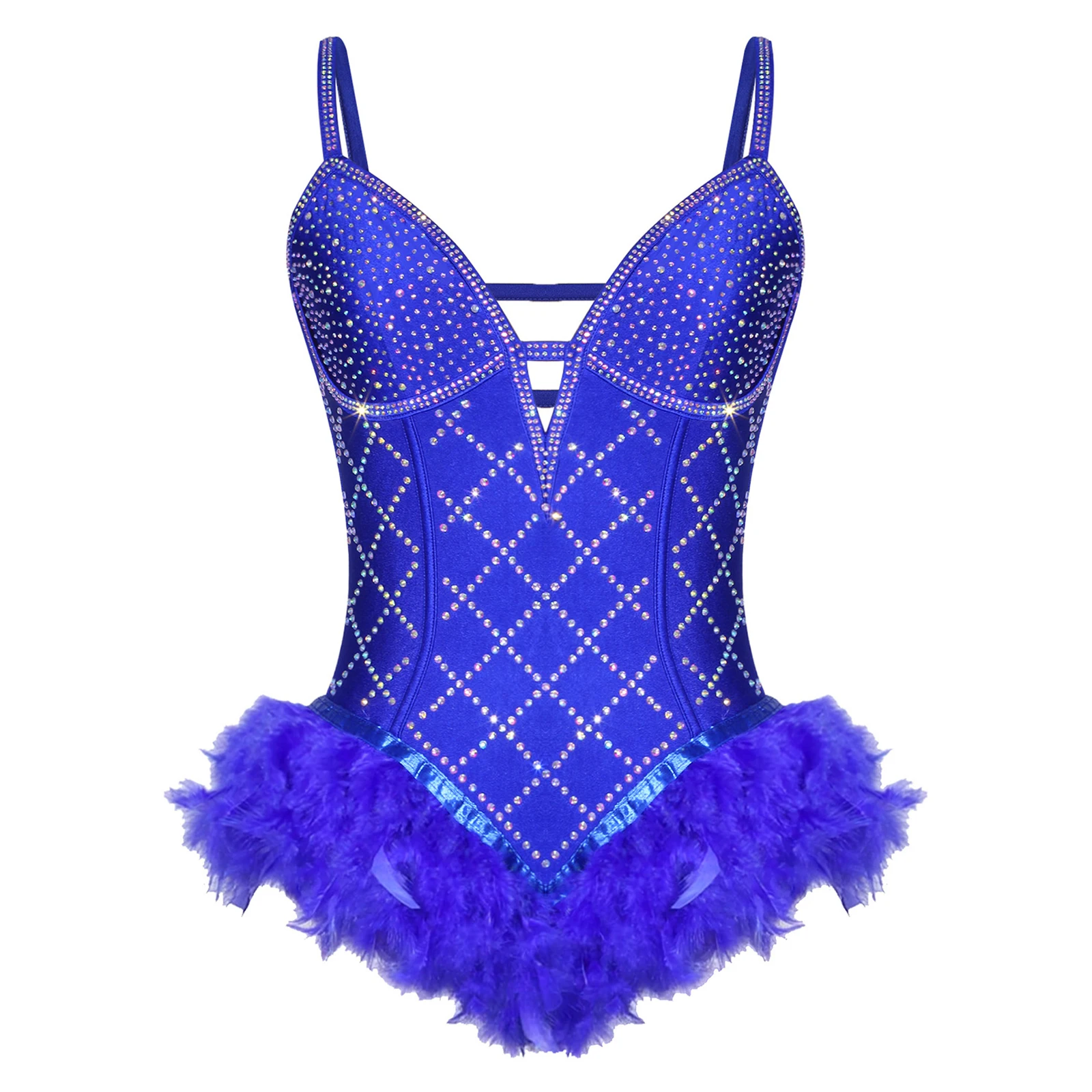 Women Shiny Rhinestone Feather Ballet Leotard Performance Costume Deep V-Neck Adjustable Spaghetti Straps Strappy Back Bodysuit