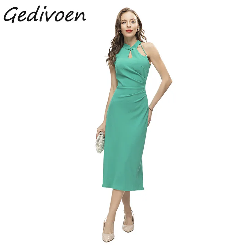 

Gedivoen Summer Fashion Runway Vintage Green Dress Women's Stand Collar Button Beading Hollow Ruched High Waist Slim Long Dress