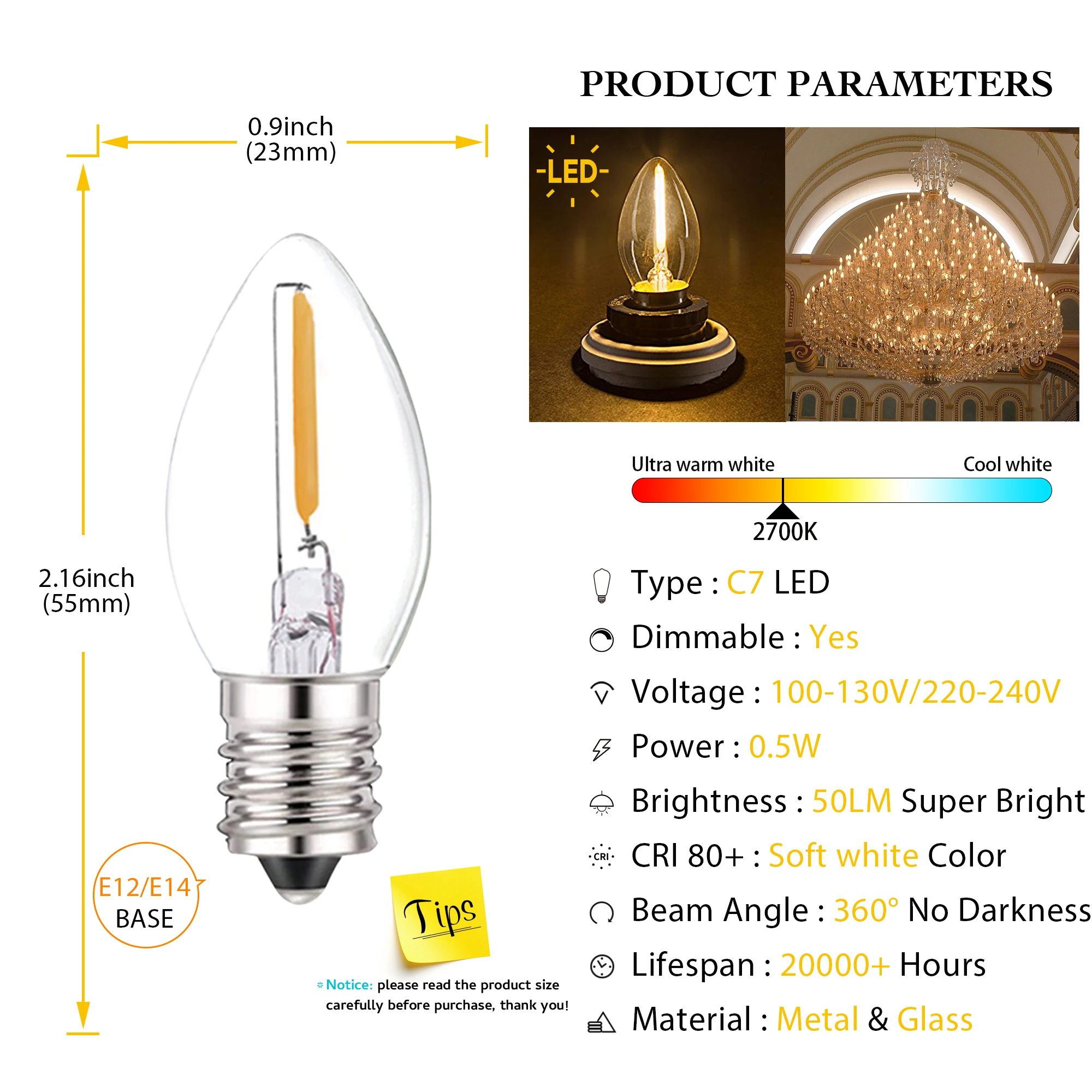 Warm White Dimmable LED Night Light Bulb, 0.5W, Candle Shape