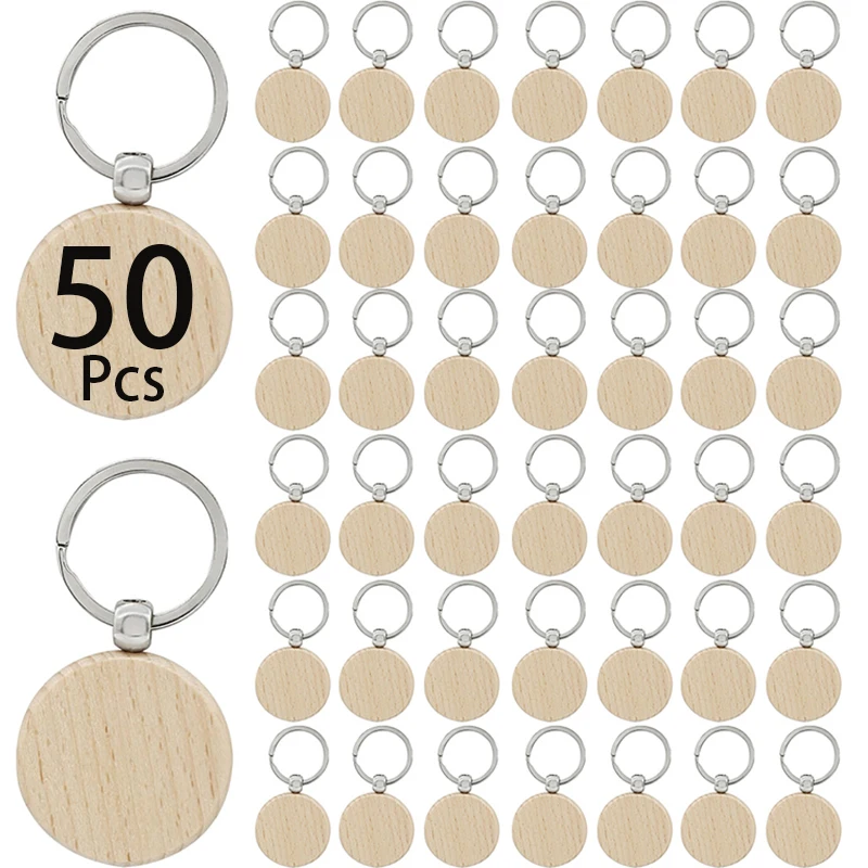 

50Pcs Wood Blank Round Keychains Blank Wooden Keyring Unfinished Wood Key Tags for DIY Gift Craft Accessories