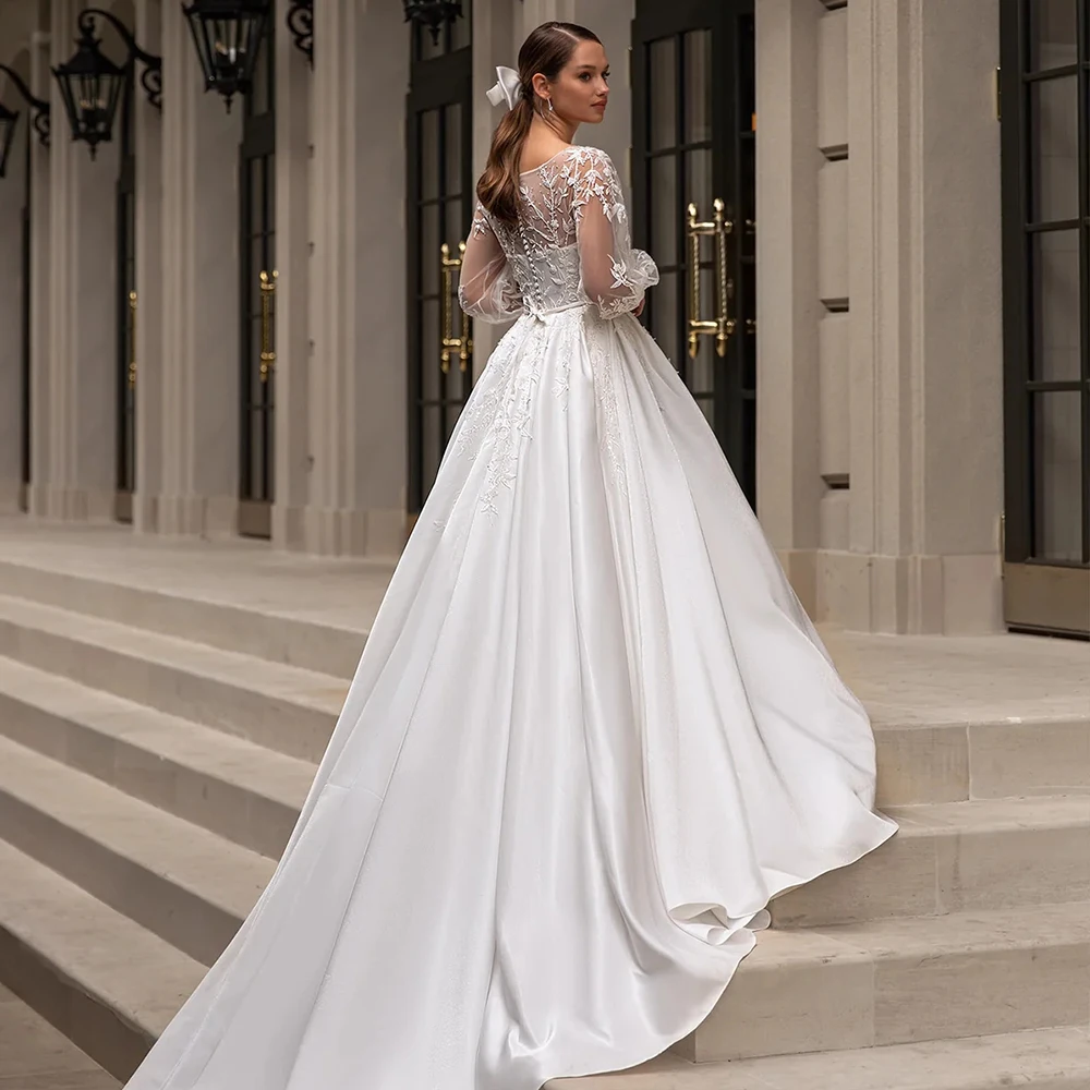 Classic Wedding Dresses Women O-Neck Full Sleeves Bride Dress Satin With Applique Sweep Train A-Line Occasion Gowns EBG98003 6