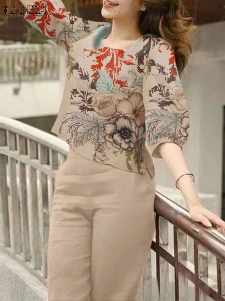ZANZEA Bohemian Casual Holiday Party Tracksuit 2PCS Women Half Sleeve Blouse Pants Sets Outifits Floral Printed Trousers Suits 1