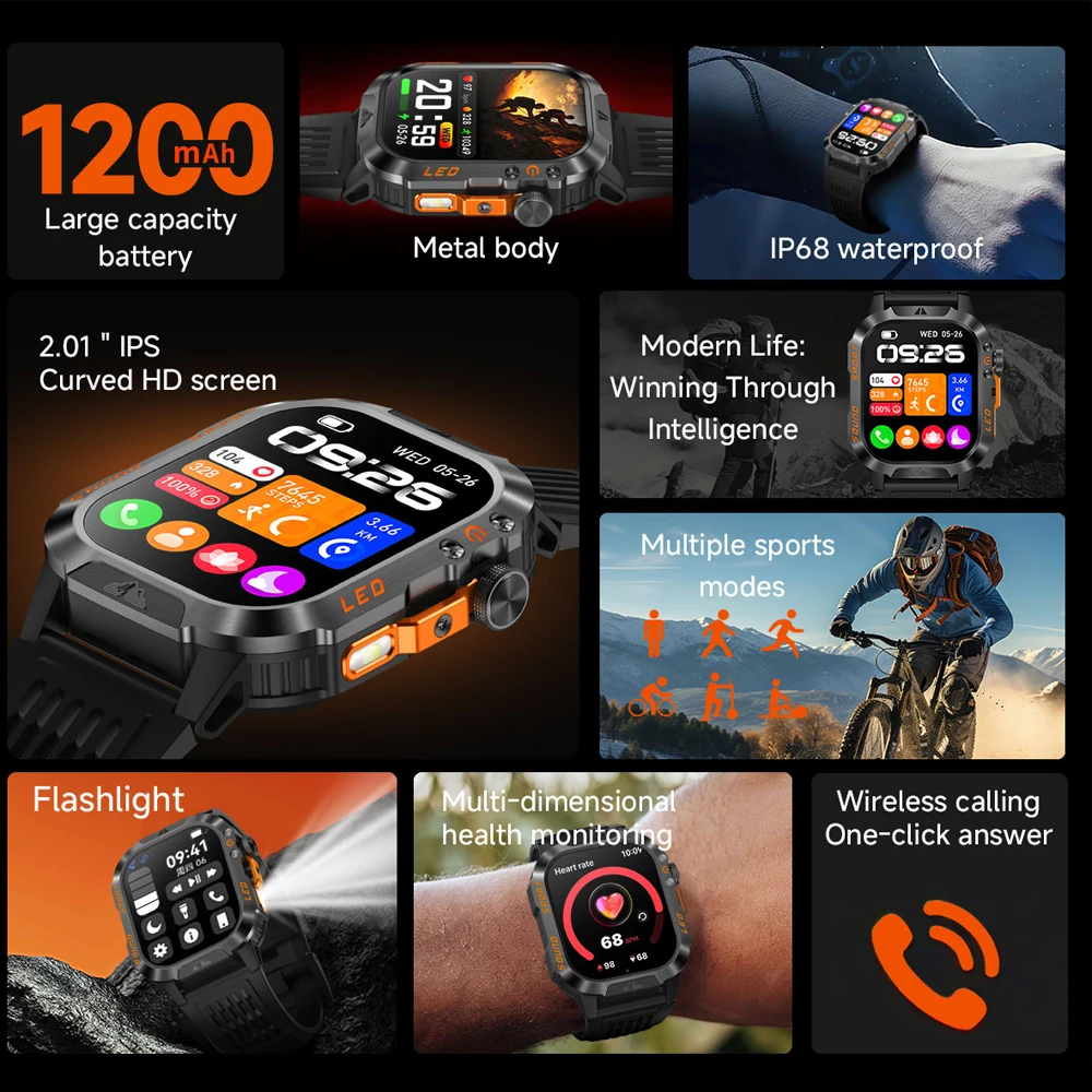 2026 New Military-grade GPS Position Smart Watch Men Map Navigation Compass 100+Sports Waterproof Swim 1200mAh Smartwatch 3