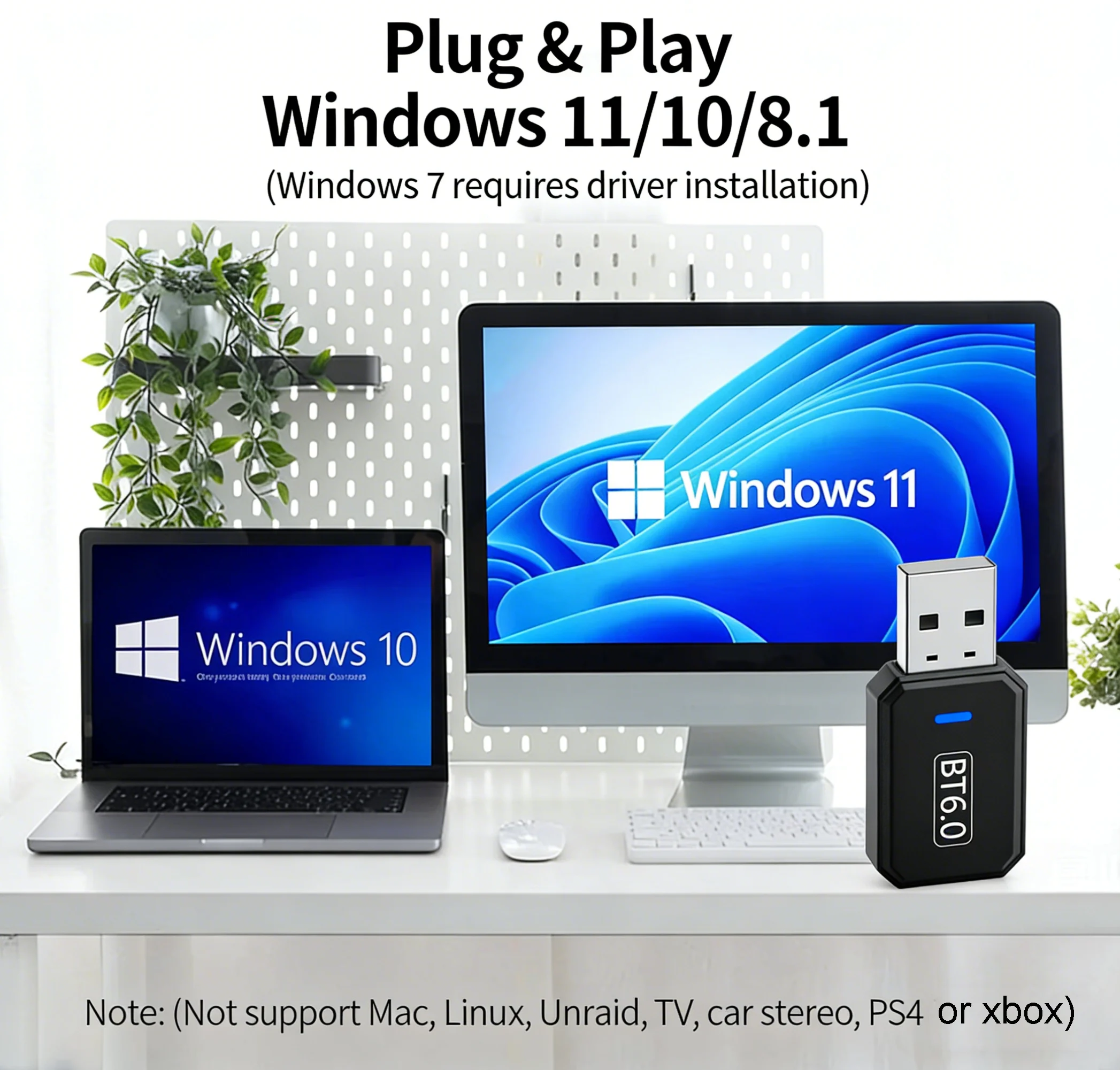 KEBIDUMEI USB 블루투스 어댑터 PC용 블루투스6.0 동글 Windows 11/10/8.1 키보드/마우스용 블루투스 수신기 및 송신기