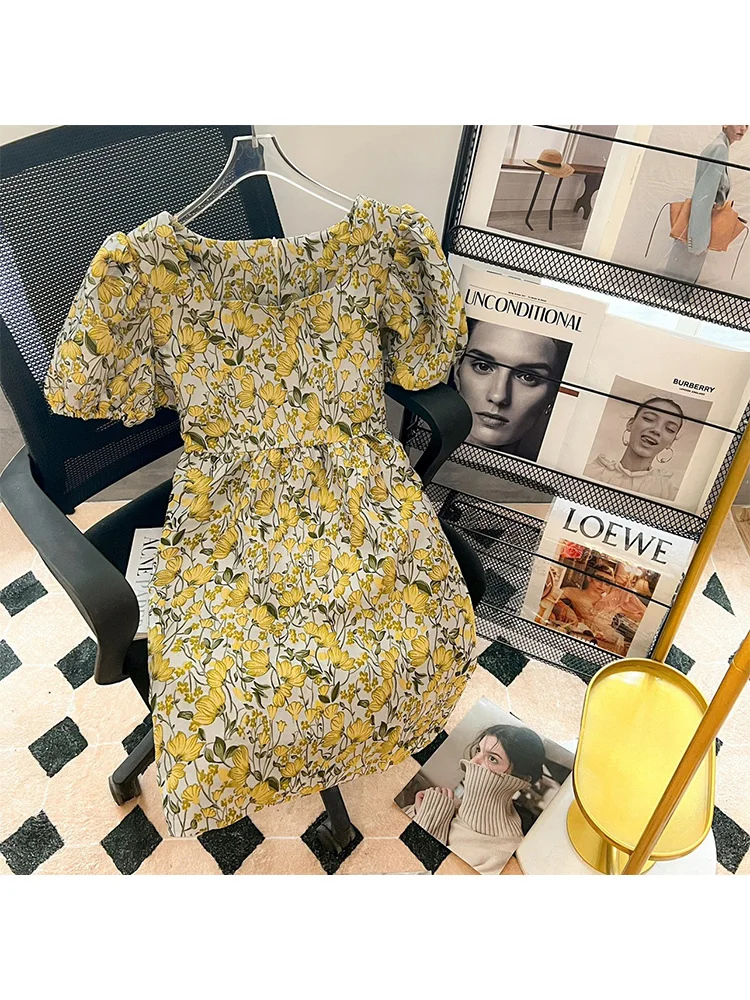 

Women's Vintage Puff Sleeve Square Collar Floral Print Mini Dresses 2023 Summer Elegant Classic Office Lady A-Line Ladies Dress