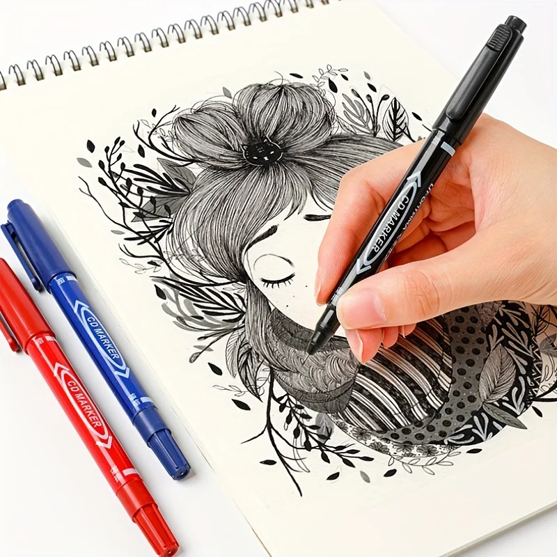 Permanent Marker Pen 10Pcs Twin Tip Permanent Marker Black/Blue/Red Oil Marker Pen Fine Nid Ink Drawing Stationery School Office Supplies