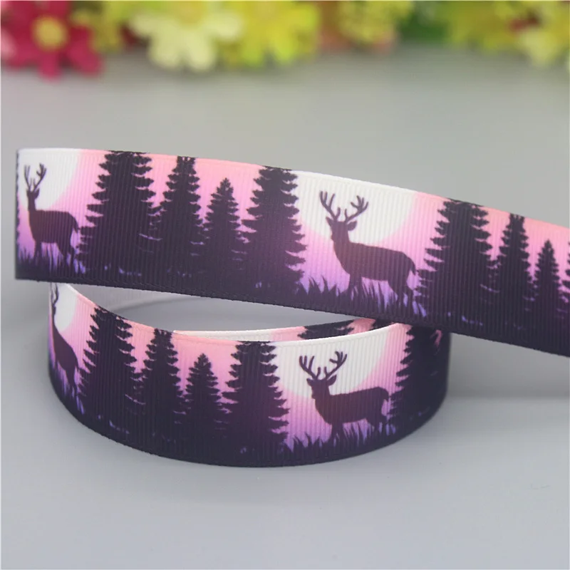 DUWES 50yards State Deer Forest Wolf Printed Grosgrain Ribbon Accessories Material Headwear Decoration DIY Sewing Craft D2110