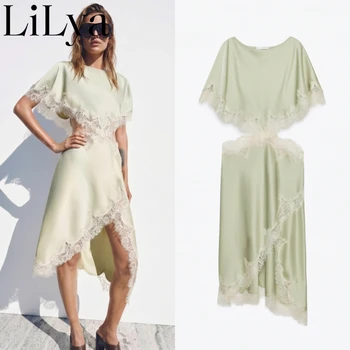 Elegant Solid Waist Hollow Out Woman Dress Lace Trim Cutout Asymmetrical Midi Dress Y2K Lady Sexy Club Party Woman Dress 2026NEW 1