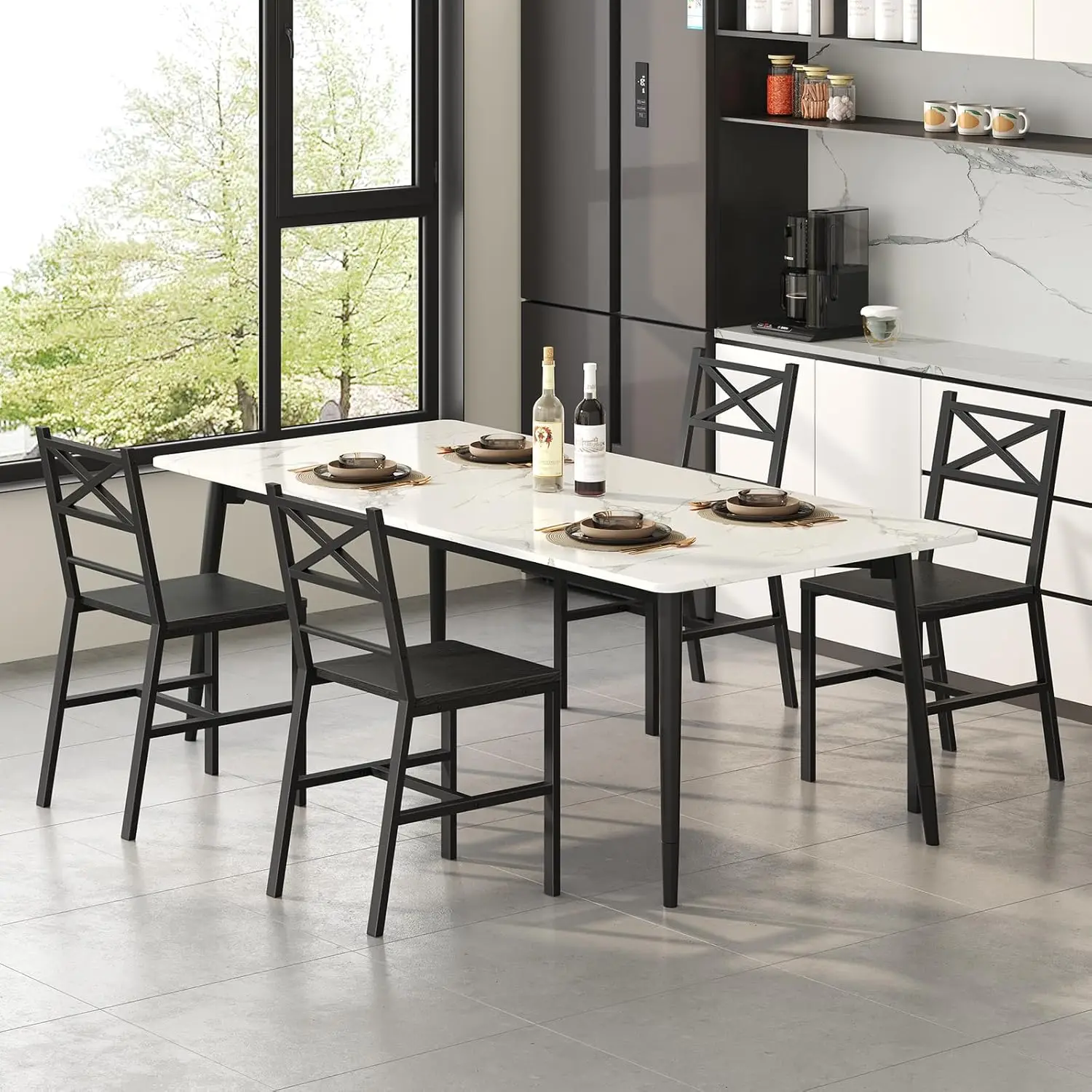 Dining Chair Set of 2. Rustic Wooden. Farmhouse Style. Metal Frame. Easy Assembly. Black. TBHB1001.