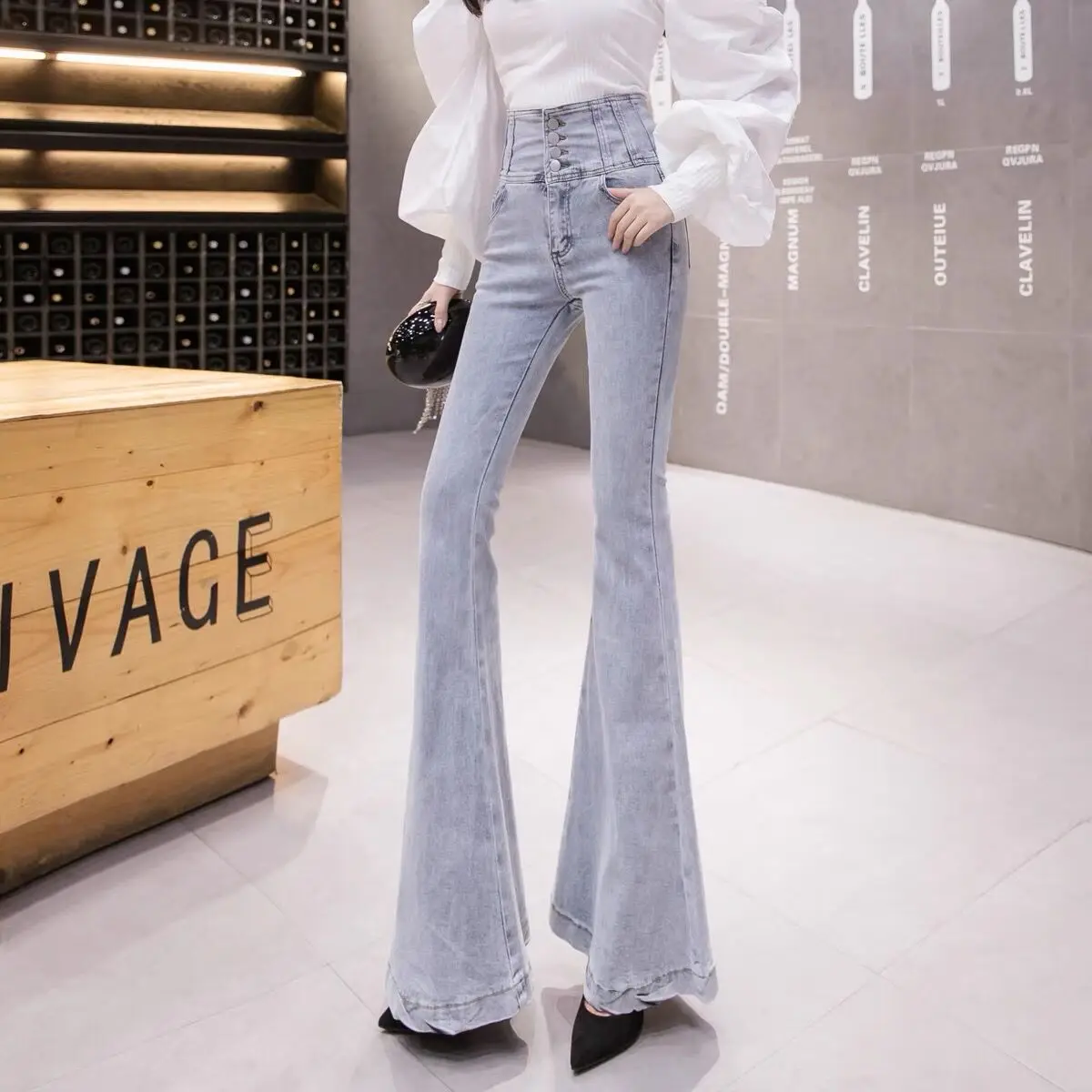 Winter Big Cuffs Flared Jeans Lady Stretch High Waist Skinny Boot Cut Trousers Mujer Fashion Denim Pants For Women High Street