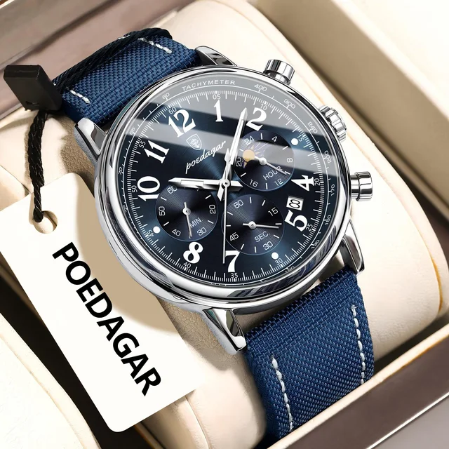 POEDAGAR Military Luxury Men Wristwatch Waterproof Luminous Chronograph Date Quartz Man Watch Nylon Leather Sports Men's Watches