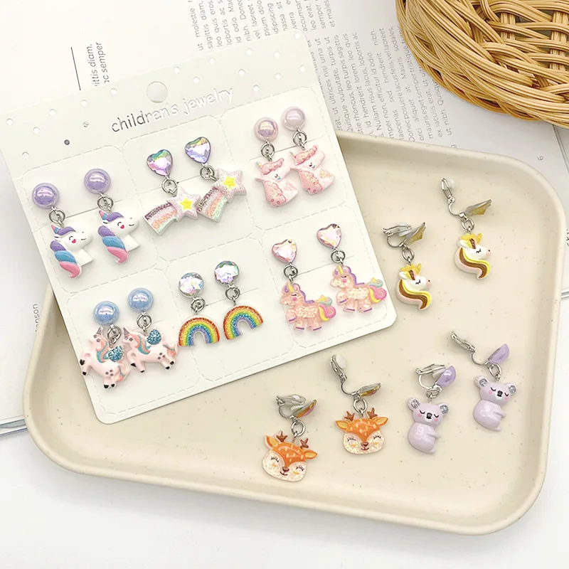6PRS/SET Unicorn Mermaid Resin Drop Clips on Earrings Girls No Piercing Kids Earring Gift