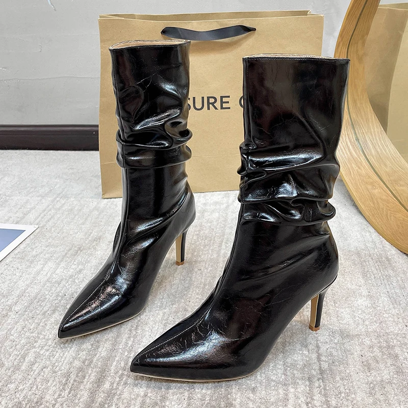 Fashion Women Mid-Calf Boots Sexy Solid Color Leather Folds Boots Pointed Toe Thin Heels Stiletto Party Shoes Large Size 35- 41