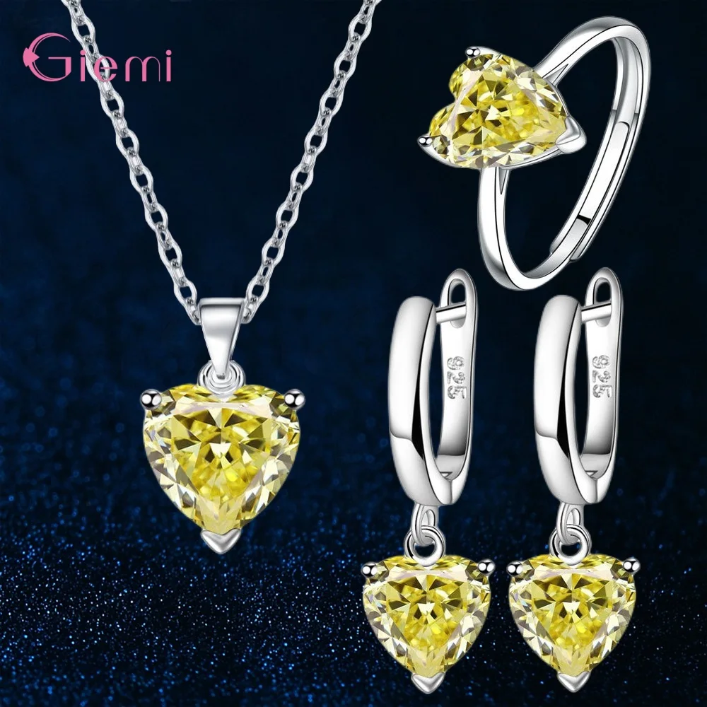Elegant 925 Silver Jewelry Set with Shiny Crystals - Necklace, Earrings, and Ring