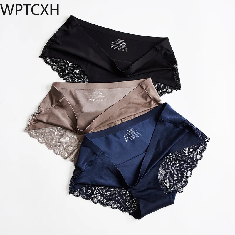 

Seamless Panties One-piece Ice Silk Underwear Ladies Sexy Lace Mid-waist Briefs Cotton Crotch Breathable Luxury Triangle Shorts