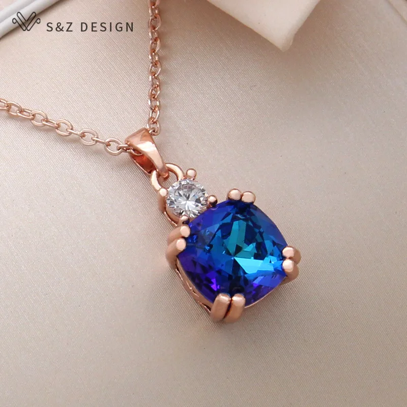S&Z DESIGN New Fashion Classic 585 Rose Gold Color Square Crystal Pendant Necklace For Women Wedding Elegant Jewelry Gift