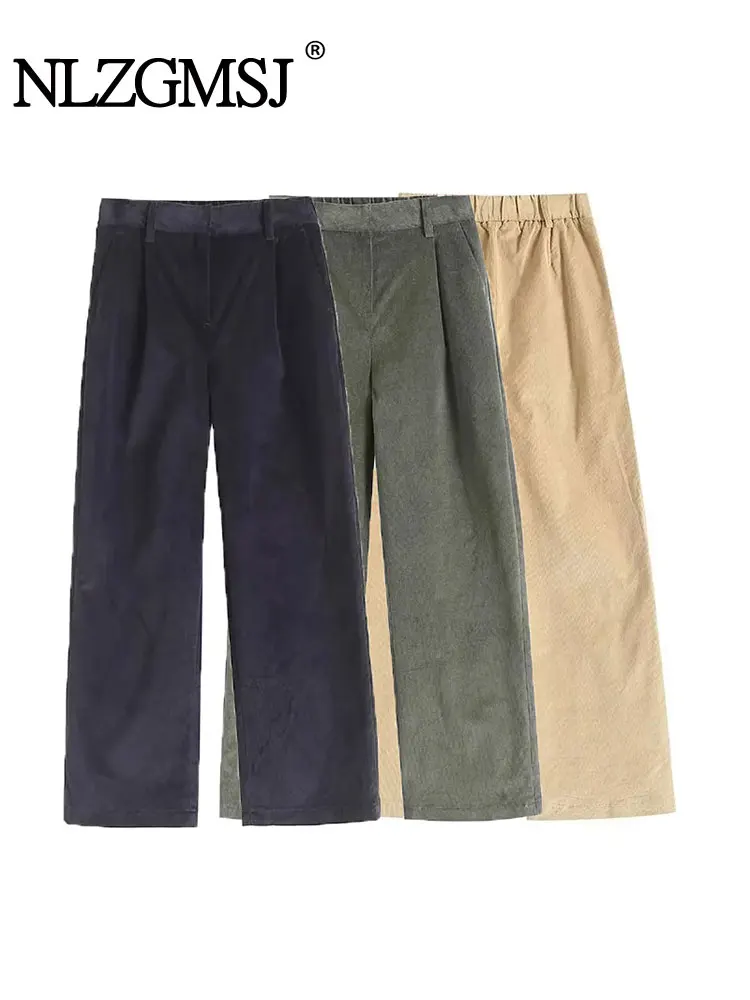 

Женские вельветовые длинные брюки Nlzgmsj TRAF 2024 с широкими штанинами и эластичной талией, винтажные весенне-осенние повседневные Элегантные свободные брюки