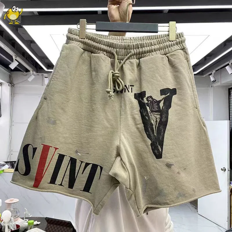 Apricot Khaki Saint Shorts Men Woman Hip Hop Heavy Fabric Vintage High Street Graffiti Good Quality Joggers