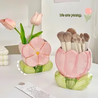 Tulip Flower Flower Makeup Brush Storage Bucket Pen Container Retro Flower Ceramic Tulip Pen Holder Ceramic Cute 2