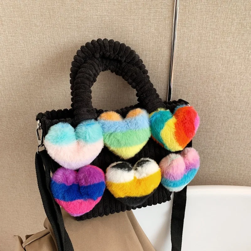 

Autumn and Winter Corduroy Plush Single Shoulder Women's Handbag New Fashion Texture Love Decoration Crossbody Bags for Woman