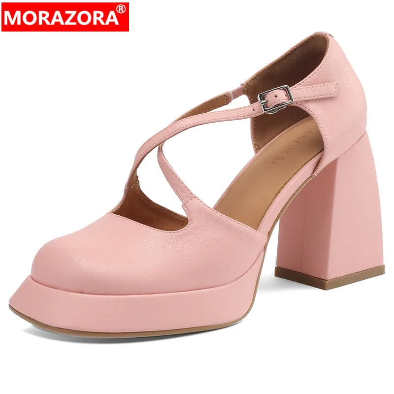 

MORAZORA 2023 New Buckle Platform Office Ladies Dress Shoes Genuine Leather Summer Sandals Thick High Heels Women Sandals