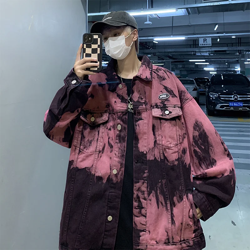 American Hip-hop Color-blocking Tie-dyed Lapel Denim Jacket Men's Spring And Autumn Fashion Brand Loose Washed Jeans Coat streetwear color blocking loose jeans women s high waist patchwork denim trousers y2k aesthetics zipper overalls harajuku pants