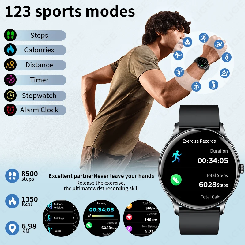 LIGE Smart Watch Sports Fitness Men Women Heart Rate Health Monitor Bluetooth Call IP68 Waterproof Watch Alarm Clock Smartwatch