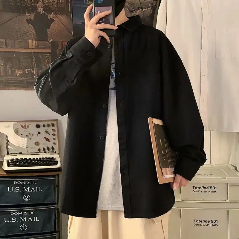 Casual Youth Men's New Blouse Long Sleeve Polo Neck Solid Color Loose Shirt Tops Spring Autumn Fashion Trend Men Clothing