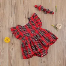 

Newborn Baby Girl Sleeveless Ruffled Bodysuit Plaid Butterfly Sleeve Jumpsuit Bow Headband Outfit Set Age for 0-24 Months