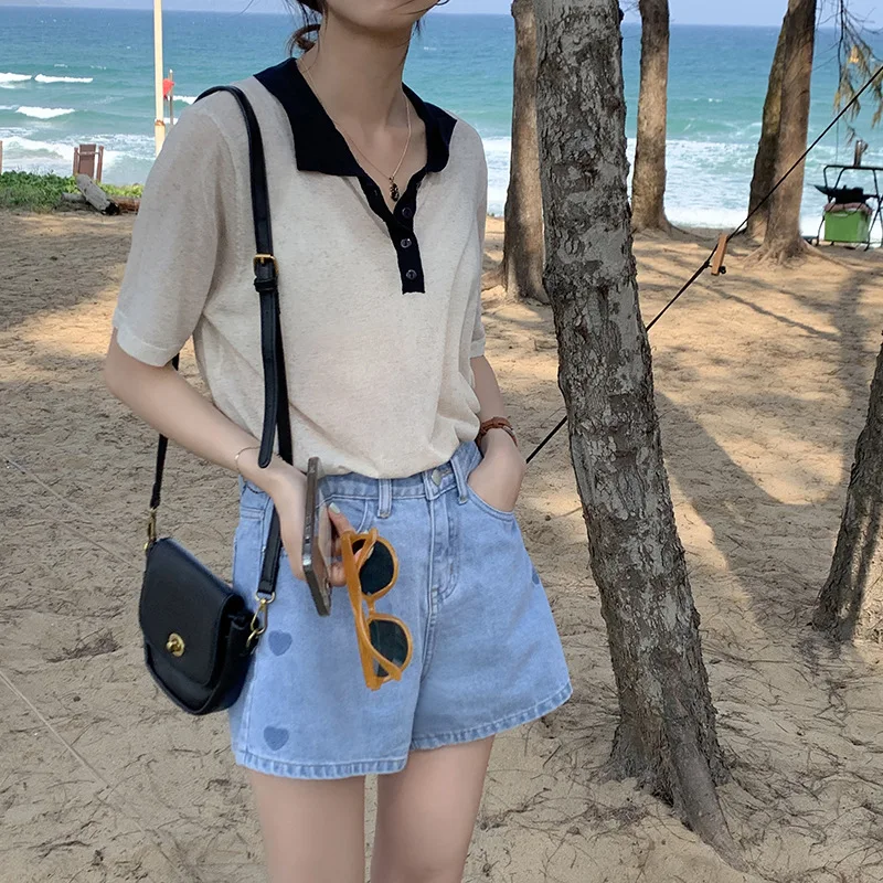 Sweet Love Pattern Embroidery Denim Shorts Female Summer High Waist Wide Leg A-line Mini Shorts Short Jeans Harajuku Cyber Y2k