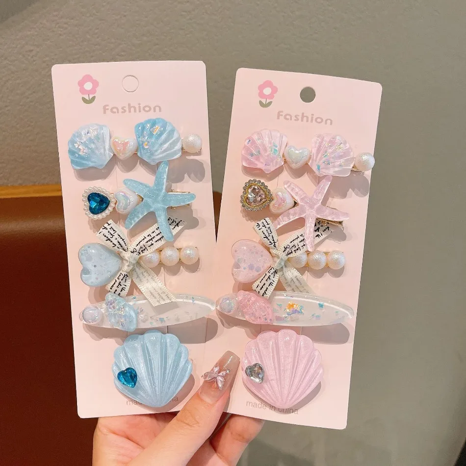5Pcs 새로운 진주 쉘 불가사리 헤어 클립 공주 머리 장식 인어 머리핀 헤어 액세서리 오션 시리즈 뱅 클립 소녀 HP01