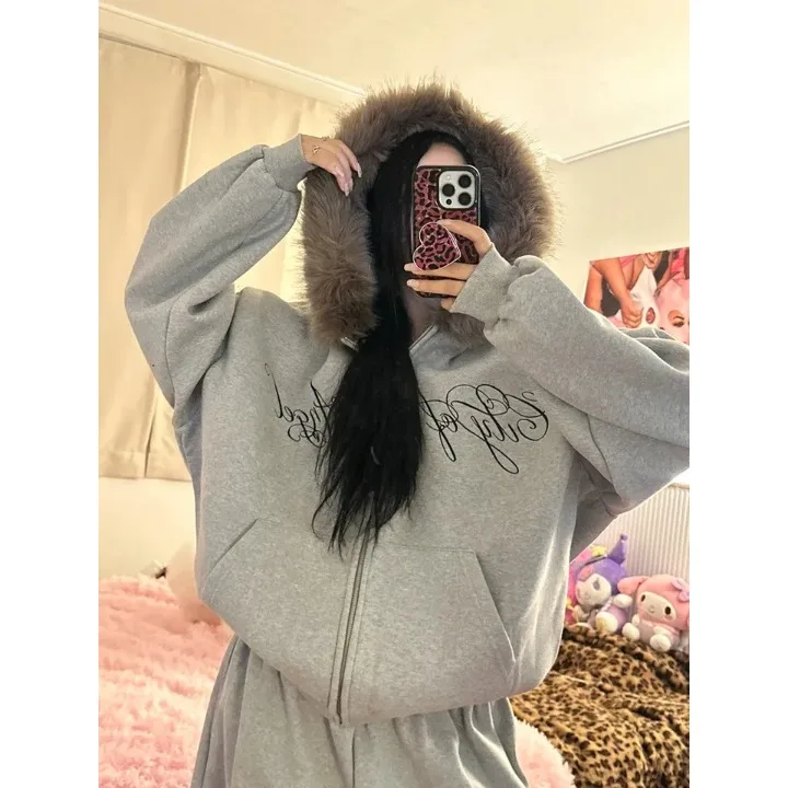 Warm Fce Hooded Jaet with Large Fur Collar And Zipper Casual Sports Loose Top Trendy Sweatirt Outerwear Polyester Cott...