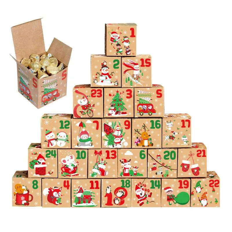 

24pcs Christmas Advent Calendar Box Kraft Paper Candy Box 24 Days Countdown to Christmas Gift Boxes Navidad New Year Decorations