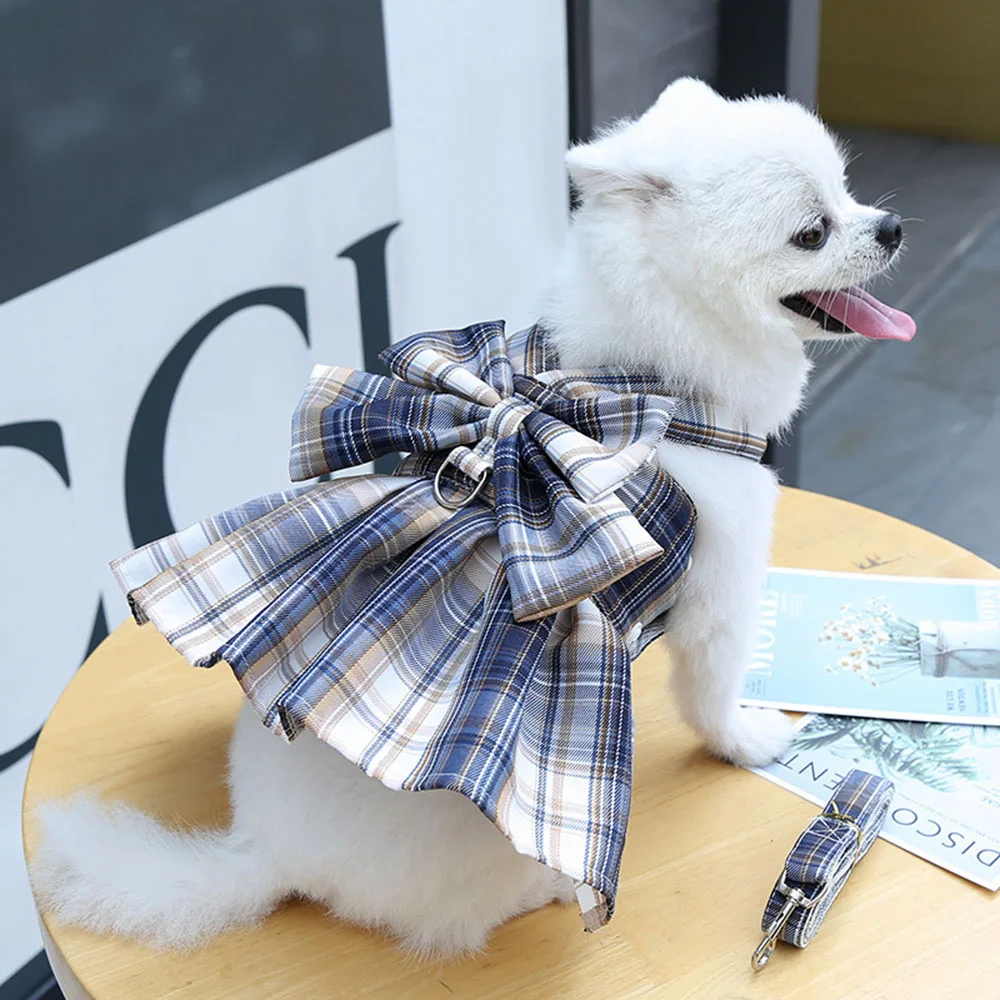 Pet Clothes Dog Skirt Harness Leash Set Cute Plaid Puppy Princess Dress with Bowknot No Pull Vest Harness for Small Dogs Cats