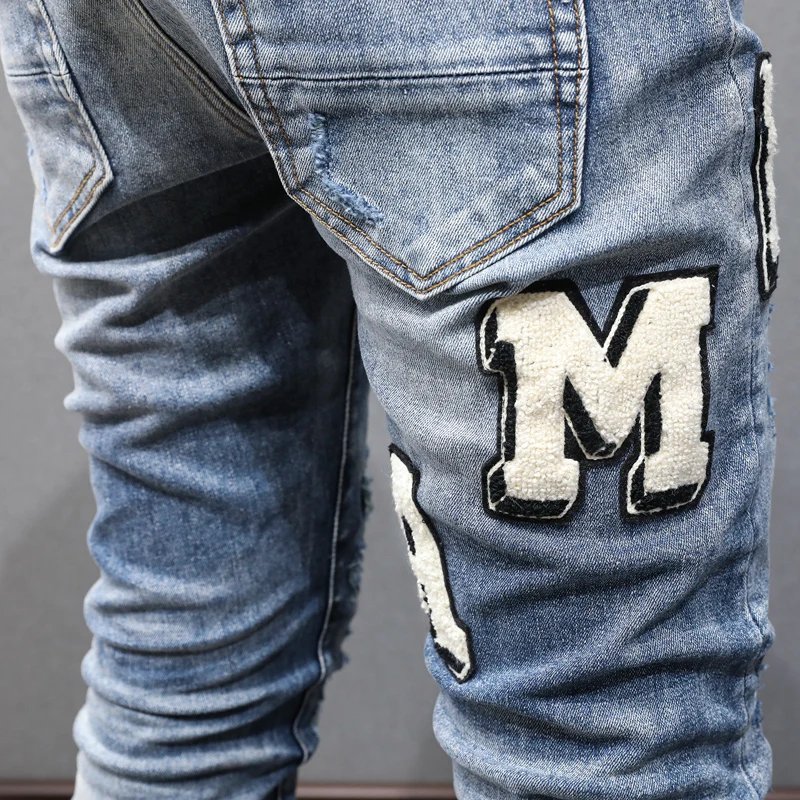 New Street Fashion Men's Elastic Jeans Slim Fit Split Letter Jeans White Patch Designer High Quality Hip Hop Brand Pants