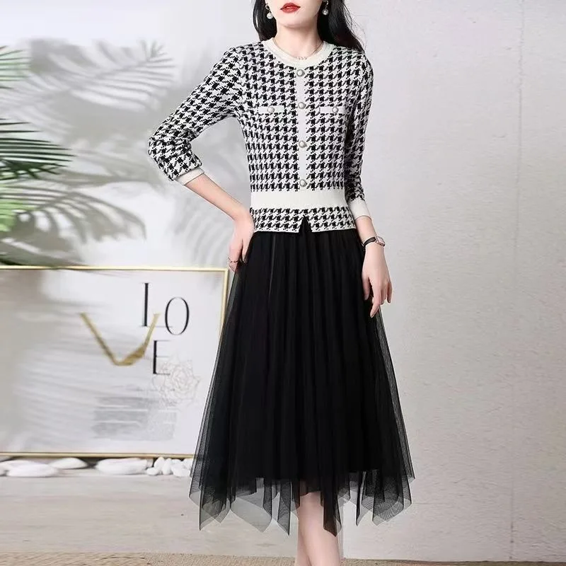 

Knitted Woman Dress Plaid Cover Up Clothes Crochet Midi Black Knee Length Dresses for Women Formal Novelty M on Promotion Emo E