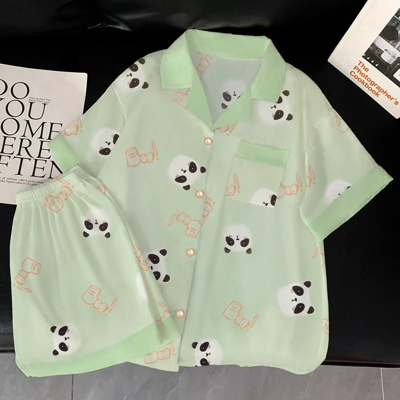 Summer Women's Ice Silk Fashion New Cartoon Pajamas Homewear Set Girls Color Collision Lapel Short-Sleeved Casual Homewear Set 23 Summer Women's Ice Silk Fashion New Cartoon Pajamas Homewear Set Girls Color Collision Lapel Short-Sleeved Casual Homewear Set - Image 3