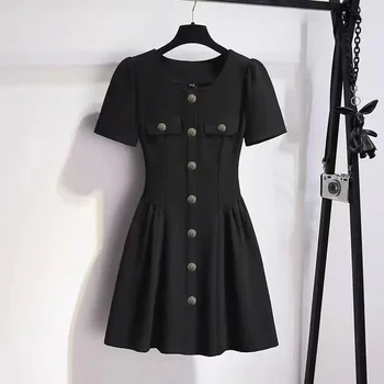 Korean style dress women's summer dress new plus size slim fashion temperament elegant casual Hepburn style little black dress. 1