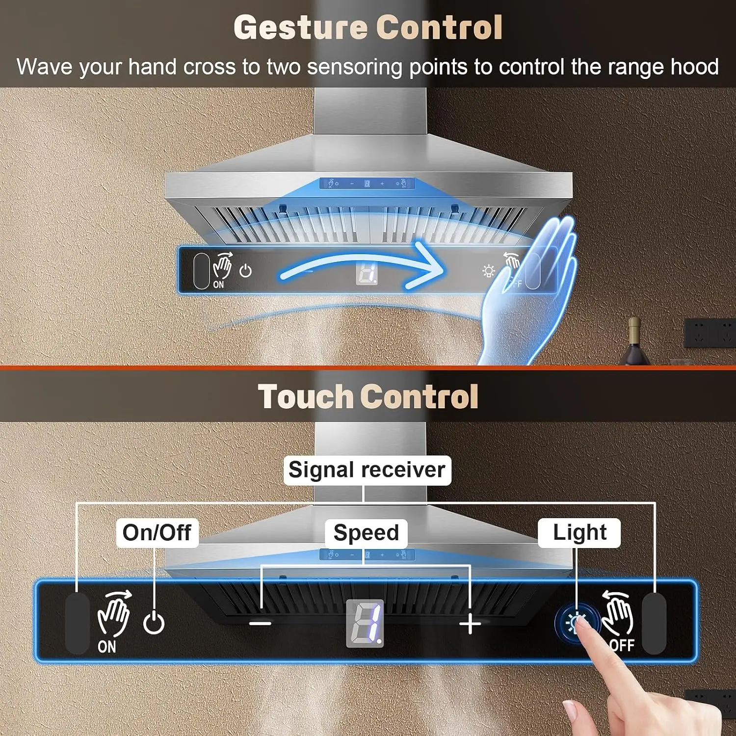 24/30 Inch Wall Mount 450CFM Stainless Kitchen Vent Gesture Sensing & Touch Control 3 Speed Range Hood 6