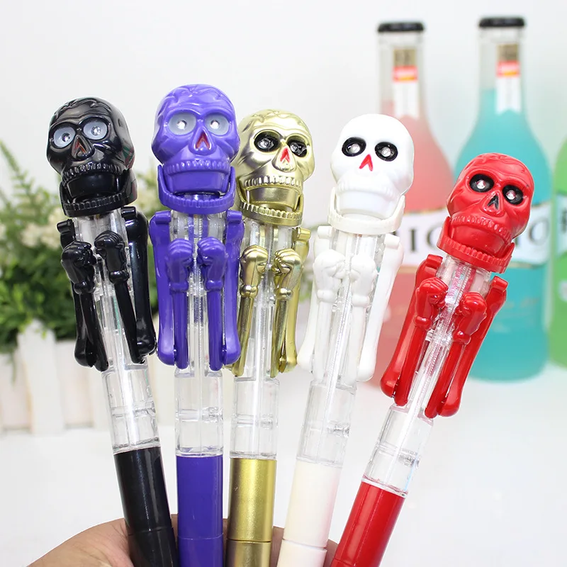 New Halloween Skull Boxing Pen Toys Creative Personality Fun Eyes Will Glow Skull Ballpoint Pen Children Decompression Toys