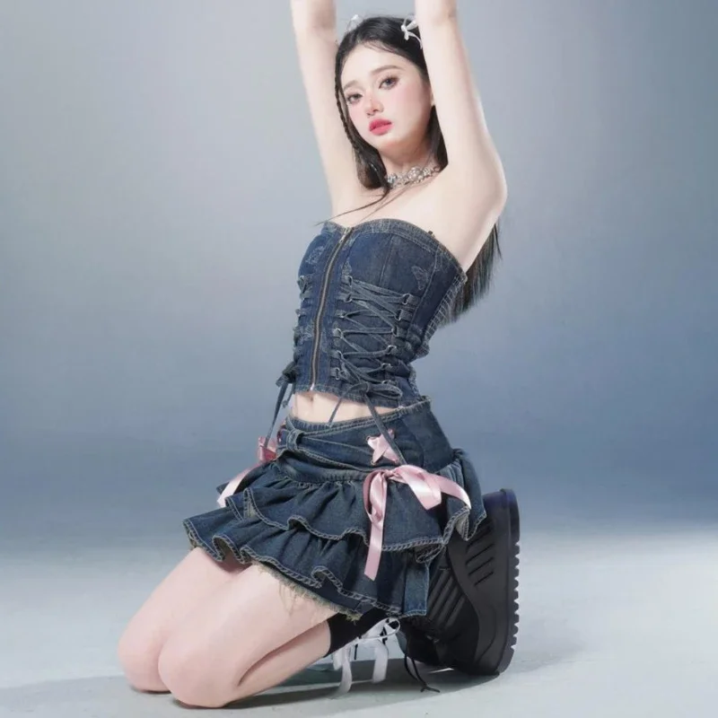 여성용 미니 데님 스커트, 스위트 카와이 활 빈티지 Y2k 의류, 미국 스트리트웨어, 섹시한 여름 A 라인, 고딕 스타일